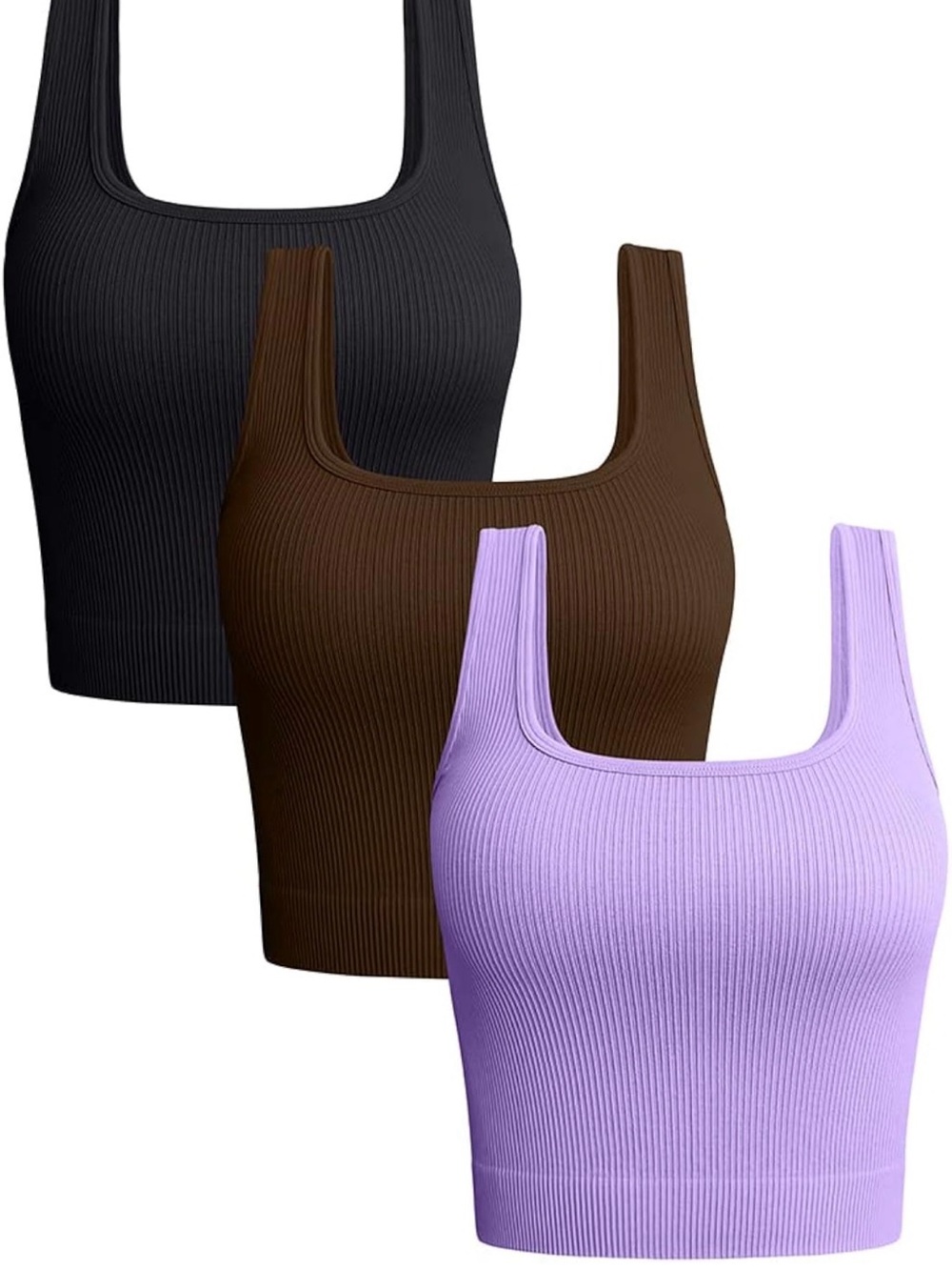OQQ - S - Ribbed Square Neck Crop Tank Top - Black, Brown, Lavender (3-Pack)